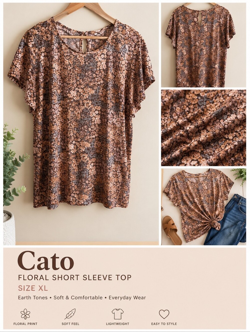 Cato Floral Short Sleeve Tee in Earth Tones